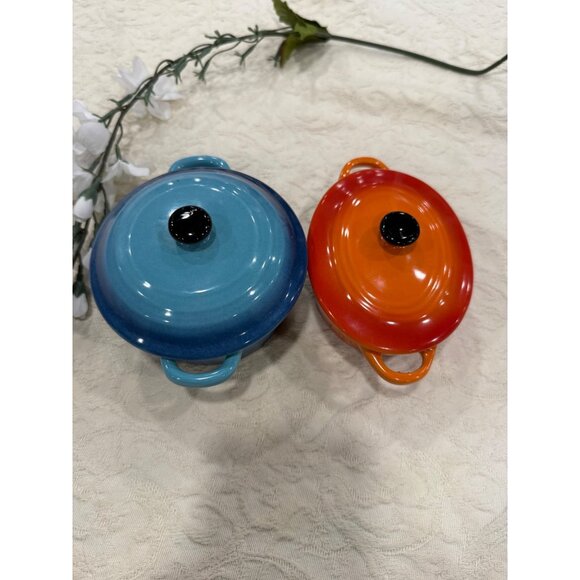 Miniature Blue & Orange Ceramic Casserole Dishes With Lids Butlers - Picture 4 of 14